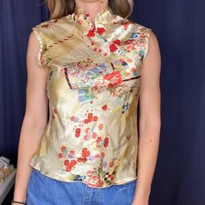 Vintage Y2K Rave Satin High Neck Oriental Tank Size Small